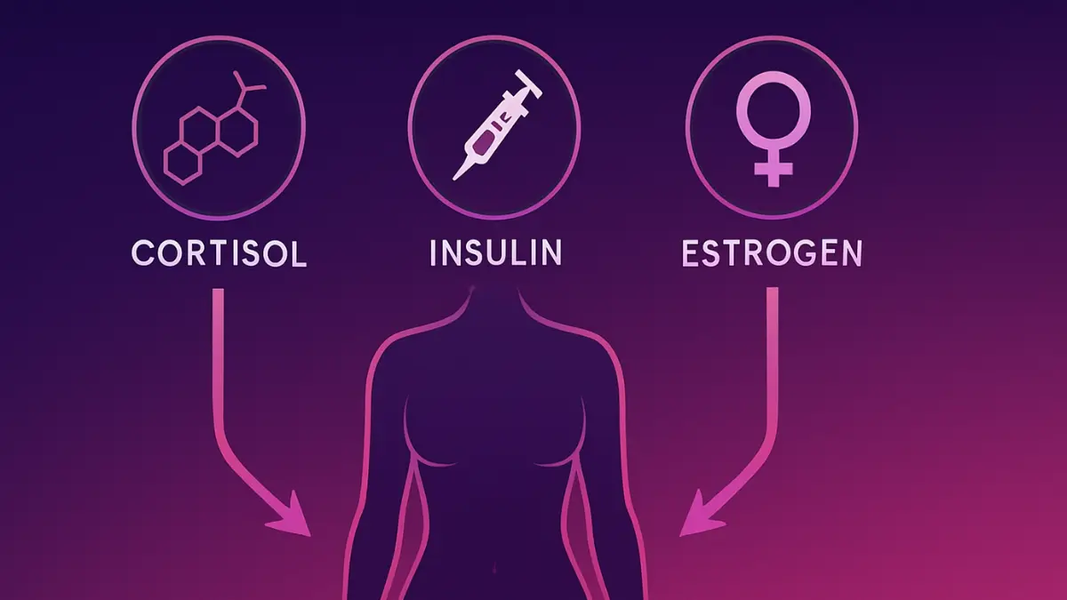 Hormones cortisol insulin and estrogen affecting women's belly fat storage illustration