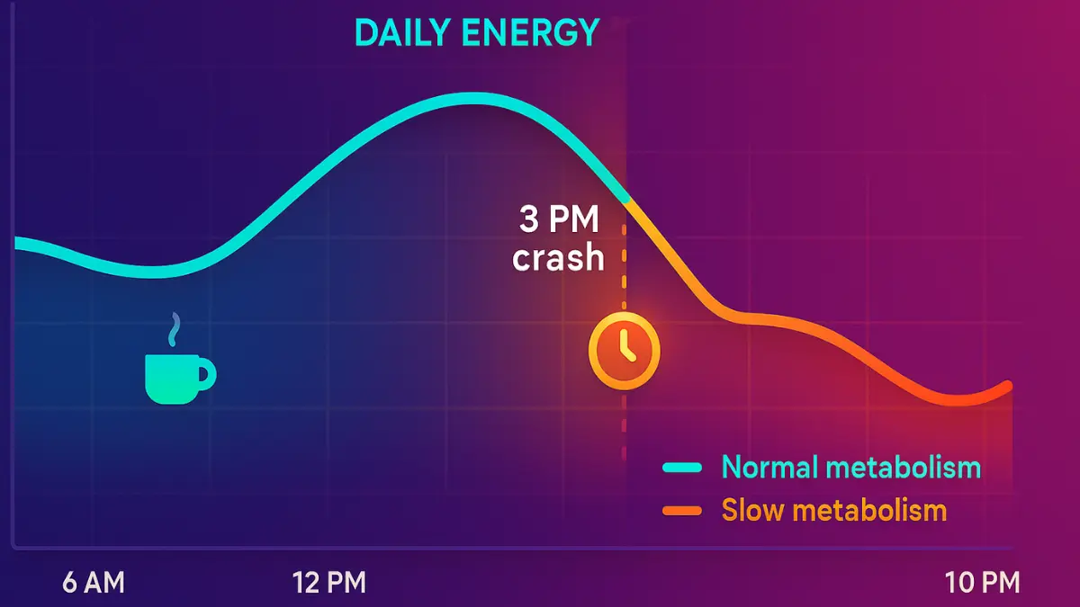 Daily energy levels chart showing 3 PM crash from slow metabolism