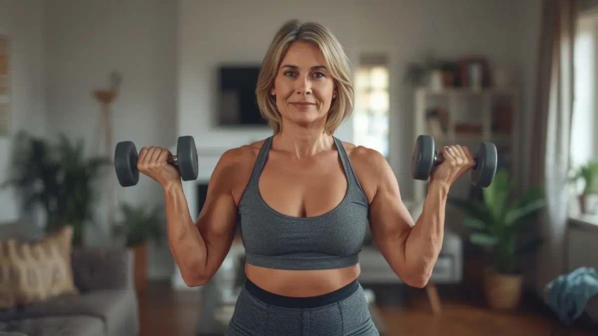 Woman over 40 doing strength training exercises for belly fat reduction at home