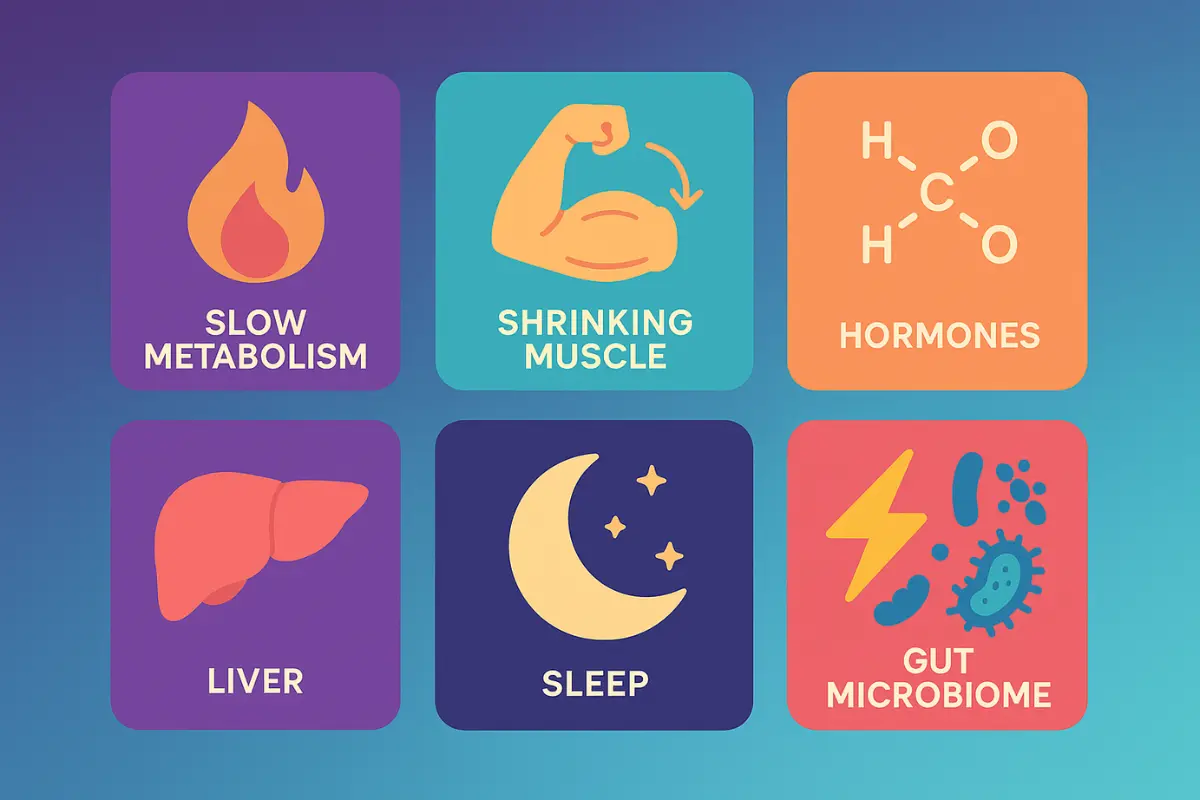 Infographic showing 7 biological changes that make diet and exercise stop working after 35