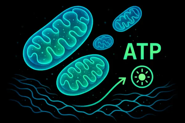 Scientific illustration showing mitochondria producing cellular energy and their role in metabolism and fat burning