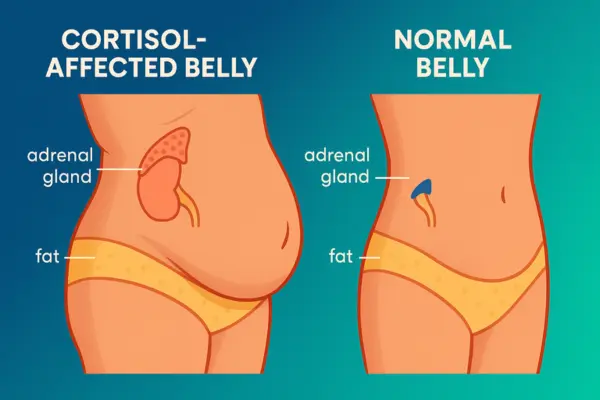 Medical diagram comparing cortisol-induced belly fat distribution versus normal abdominal fat patterns