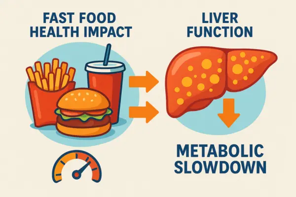 Illustration showing how fast food impacts liver health and causes damage