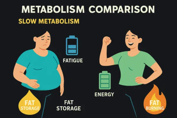 Split-screen infographic comparing slow vs fast metabolism in women over 35