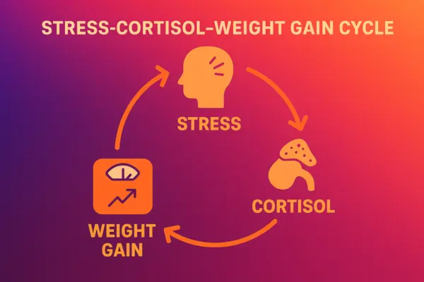 Infographic illustrating the cyclical relationship between chronic stress, elevated cortisol levels, and abdominal fat accumulation
